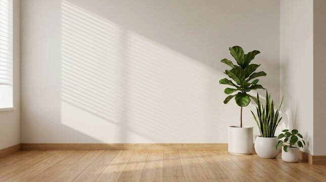 Minimalist room corner with potted plants and sunlight casting blinds shadow on plain white wall with wooden flooring for modern interior design concept