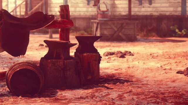 A wooden bench sits beside several metal tools scattered on the ground. A few wooden barrels and a work table are nearby in this old western location. Dust covers the ground in the sunlight.