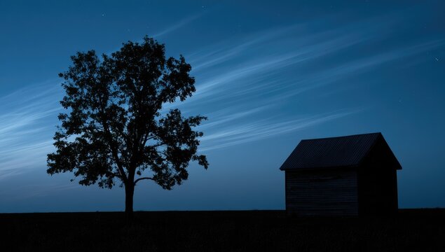 Silhouetted tree and shed under wispy clouds at twilight