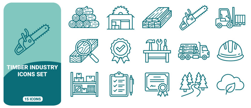 Timber industry icon set featuring chainsaw, lumber, logging truck, warehouse, safety helmet, and forestry symbols in teal line style