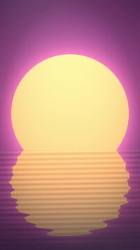 Golden retro sun dips below rippling water framed by a pink glow, a calm vertical synthwave sunset for music reels, meditation clips and nostalgic promos