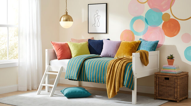 A cozy bedroom with a white bed, colorful pillows, and a vibrant wall featuring circular decals, complemented by a wooden nightstand and stool.