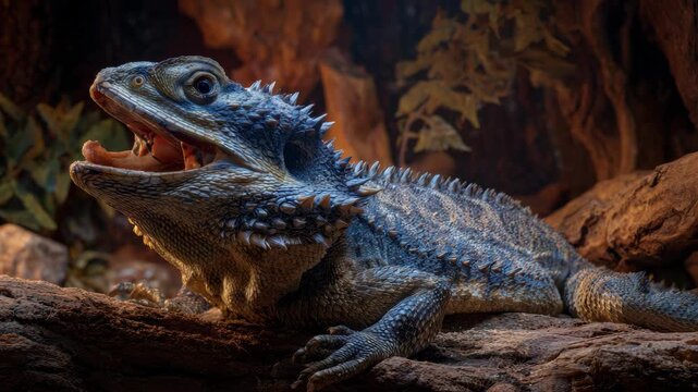 A vibrant blue lizard with sharp teeth and a spiny back, resting atop a rocky surface, giving the impression of being in a wild habitat.