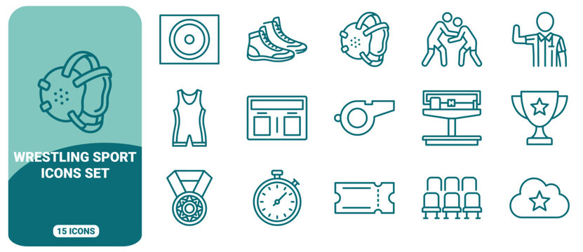 Wrestling sport icon set featuring outline of gear, athletes, referee, scoreboard, whistle, scale, trophy, medal, stopwatch, and stadium seats