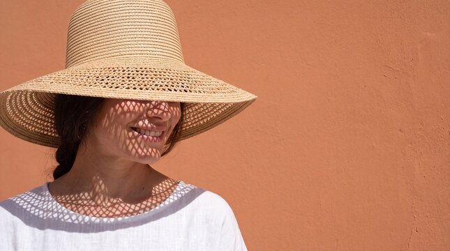 Woman wearing a straw hat with shadow patterns on her face. Concept of summer vacation, sun protection, travel lifestyle, summer heat.