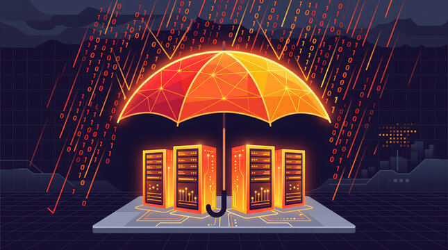 Glowing umbrella protecting server racks from digital data rain