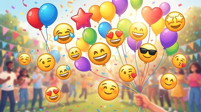 Colorful balloons with smiling emojis for celebration and joy. Bright festive decorations for parties and events. Happy faces conveying fun and exc...