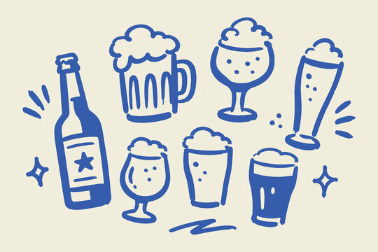 Beer Bottle and Glass Set Hand Drawn Doodle Vector Illustration