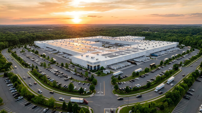 Aerial perspective of vast industrial logistics warehouse facility during sunset with parked trucks at loading docks and cars in parking lot surrounded by dense green forest.