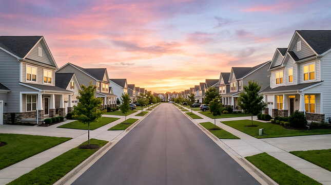 Suburban homes line a quiet street at sunset with trees and lawns
