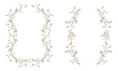 Watercolor elegant rosebud frame and side borders set PNG, blush and magenta pink roses border with vertical leaf branch stripes clipart, for wedding invitations © Carol Lozove