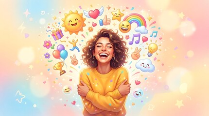Fototapeta premium Cheerful young woman smiling with colorful icons and emojis. Expressing happiness and positivity. Female joy and vibrant mood.