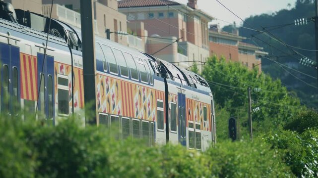 Train passing behind green bushes, with colorful exterior graphics and soft urban background blur