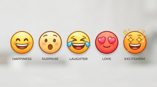 Set of expressive reaction emojis showing happiness, surprise, laughter, love, and disappointment. Colorful icons conveying emotions for digital co...