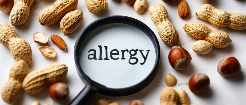 A top view shows a magnifying glass focusing on the word allergy surrounded by peanuts, hazelnuts, and seafood on a clean white surface
