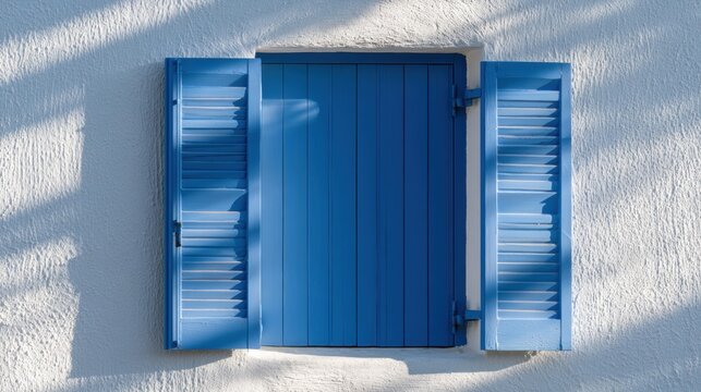 Blue wooden window with shutters on a white wall. the window is closed and appears to be made of wood with vertical slats.