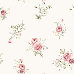 Watercolor seamless pattern illustration on off-white background with blush and magenta pink rose bouquets and eucalyptus greenery, elegant botanical floral, fabric and wallpaper © Carol Lozove