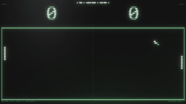 Classic Pong arcade game rendered in glowing green ASCII with paddles and a bouncing ball, a retro coding aesthetic for gaming channels and tech marketing