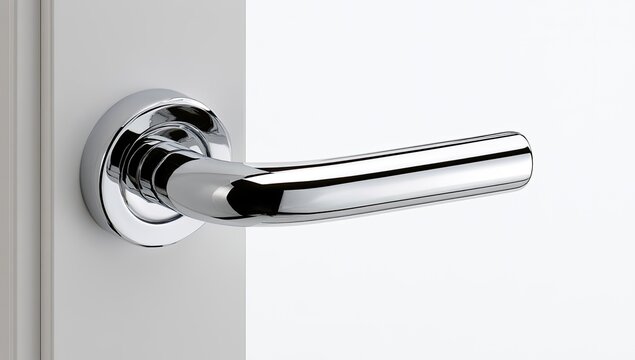 Sleek, modern chrome door handle mounted on a clean white door