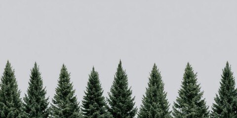 Obraz premium A row of evenly spaced green evergreen trees against a pale sky