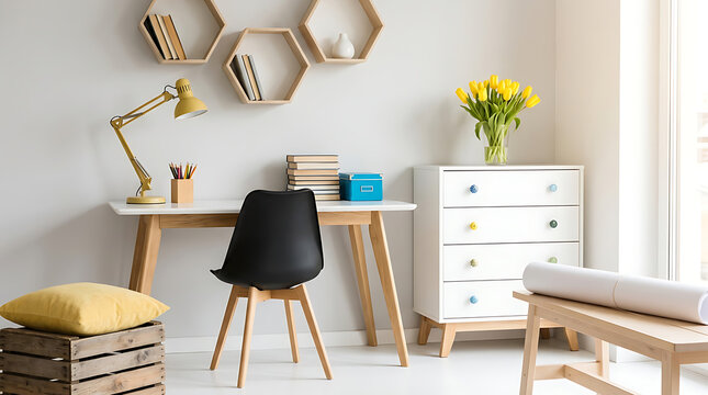 A well-lit room with a desk, chair near a window, and a dresser with flowers on top shows a tidy workspace at home.