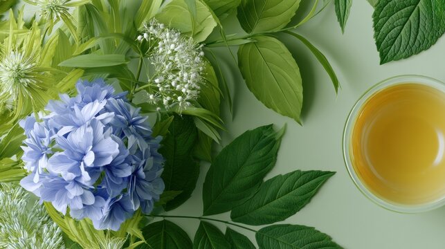 Flat lay of various types of flowers and leaves arranged on a light green background. on the left side of the image, there is a bunch of blue hydrangea flowers with white flowers and green leaves.