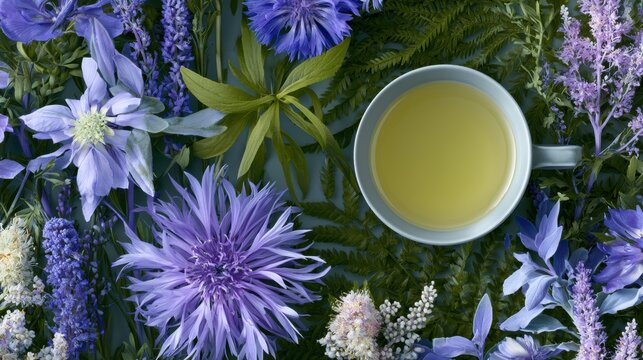 Flat lay of a cup of tea surrounded by various types of flowers and plants. the cup is white and has a handle on the right side. the tea is a light yellow color and appears to be steaming.
