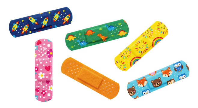 Assortment of colorful adhesive bandages with fun patterns for children