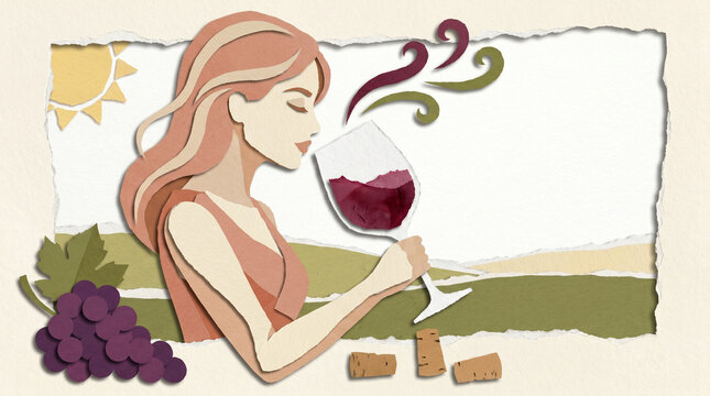 Woman enjoying a glass of red wine with grape background  