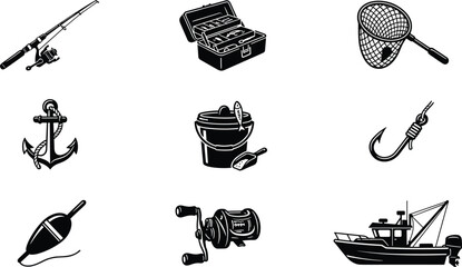 Fishing Gear Vector Icons Set with Rod Reel Hook Boat Net Tackle Box and Bucket © Artist RH