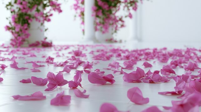 White floor covered in pink rose petals. the petals are scattered all over the floor, creating a beautiful and romantic scene.