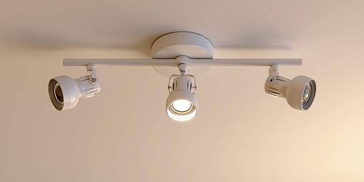 White ceiling track light with three adjustable spotlights