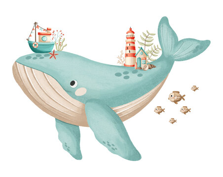 Hand drawn teal whale lighthouse nursery wallart with grainy texture