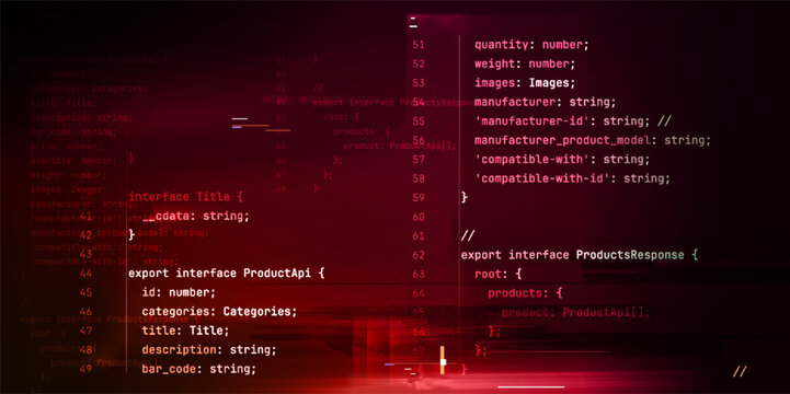 Programming code display with script elements and glitch effects on black background. Vector realistic illustration of red digital screen backdrop, software development, data structure lines