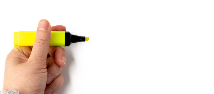 Highlight pen isolated, yellow office highlighter on white background