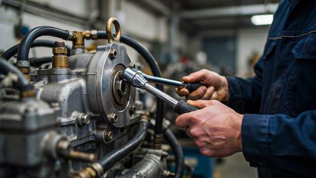 Industrial technician operating metal lathe machine in manufacturing workshop for precision engineering