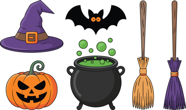 Essential Halloween symbols collection featuring a spooky jack olantern, purple witch hat, bubbling cauldron, flying bat, and magic brooms