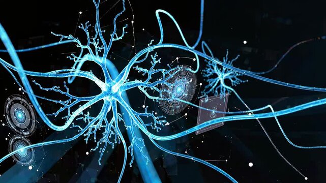 Neural network digital neuron blue glowing connection abstract technology data flow synapse artificial intelligence network node