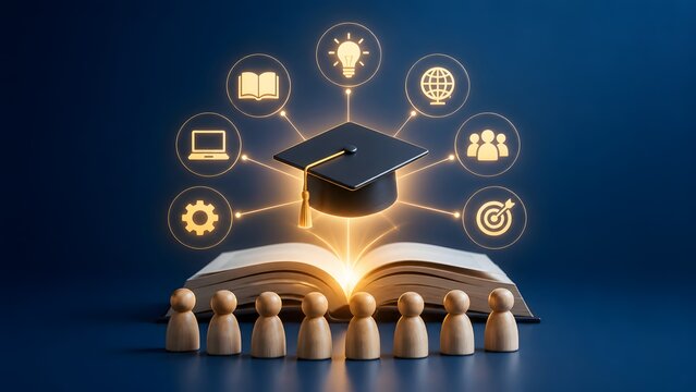 Online education learning concept featuring open glowing book and graduation cap with digital study icons over wooden student figures