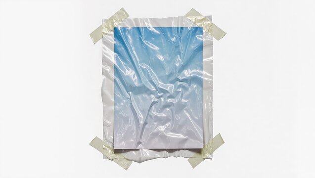 Blue gradient poster mockup in wrinkled plastic wrap with masking tape