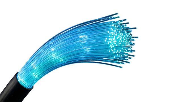Close-up of glowing blue fiber optic strands spreading out against a black background