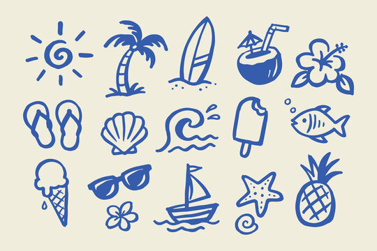 Summer Beach Icon Set Hand Drawn Doodle Vector Illustration