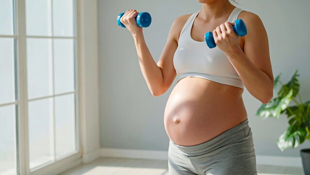 Pregnant woman exercising with dumbbells during prenatal fitness workout at home