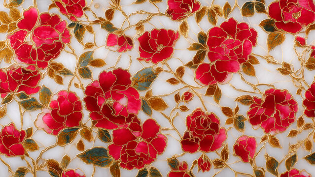 Intricate red roses with golden filigree and leaves create a luxurious floral pattern, reminiscent of cloisonn&eacute; or stained glass.