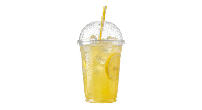 Refreshing iced lemonade with lemon slices and straw in a clear plastic cup
