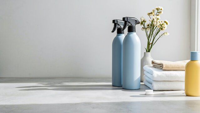 Minimal cleaning spray bottles with folded towels and flowers on modern countertop
