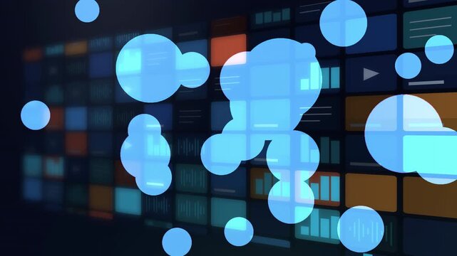 Glowing blue bubbles drift across a wall of media thumbnails and play icons, a dynamic streaming look for tech marketing, social media and app promo intros