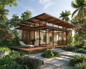 Naklejka premium modern tiny house with natural wood facade and floor to ceiling windows, surrounded by tropical garden, realistic architectural visualization