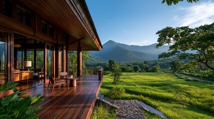 Fototapeta premium premium modern tropical wooden house featuring sustainable architecture, spacious veranda, natural timber materials, panoramic mountain landscape, lush rice fields, eco friendly countryside