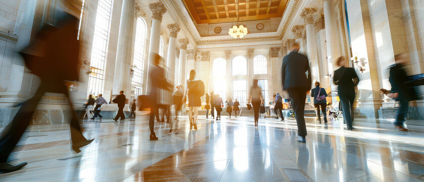 Wide angle shot of people walking through a government building interior, showing daily public movement, institutional architecture and formal administrative environment.